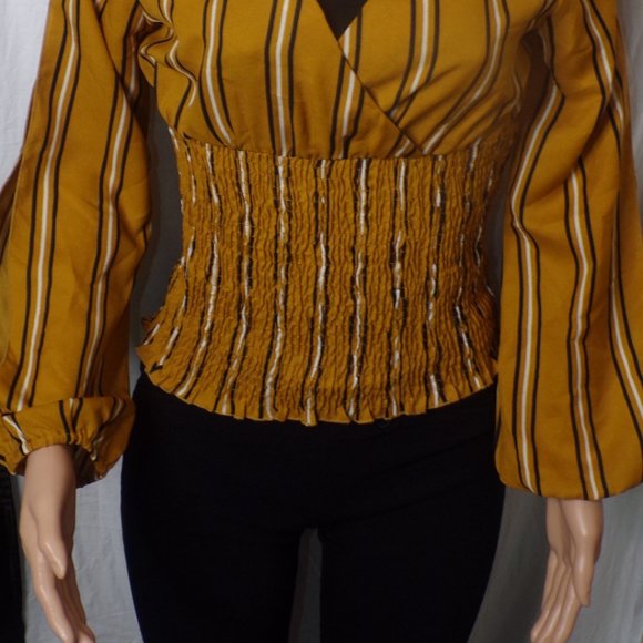 Mustard Yellow Deep V-neck Blouse with Slits in Sleeves (L) (Tag still attached) - Picture 2 of 4